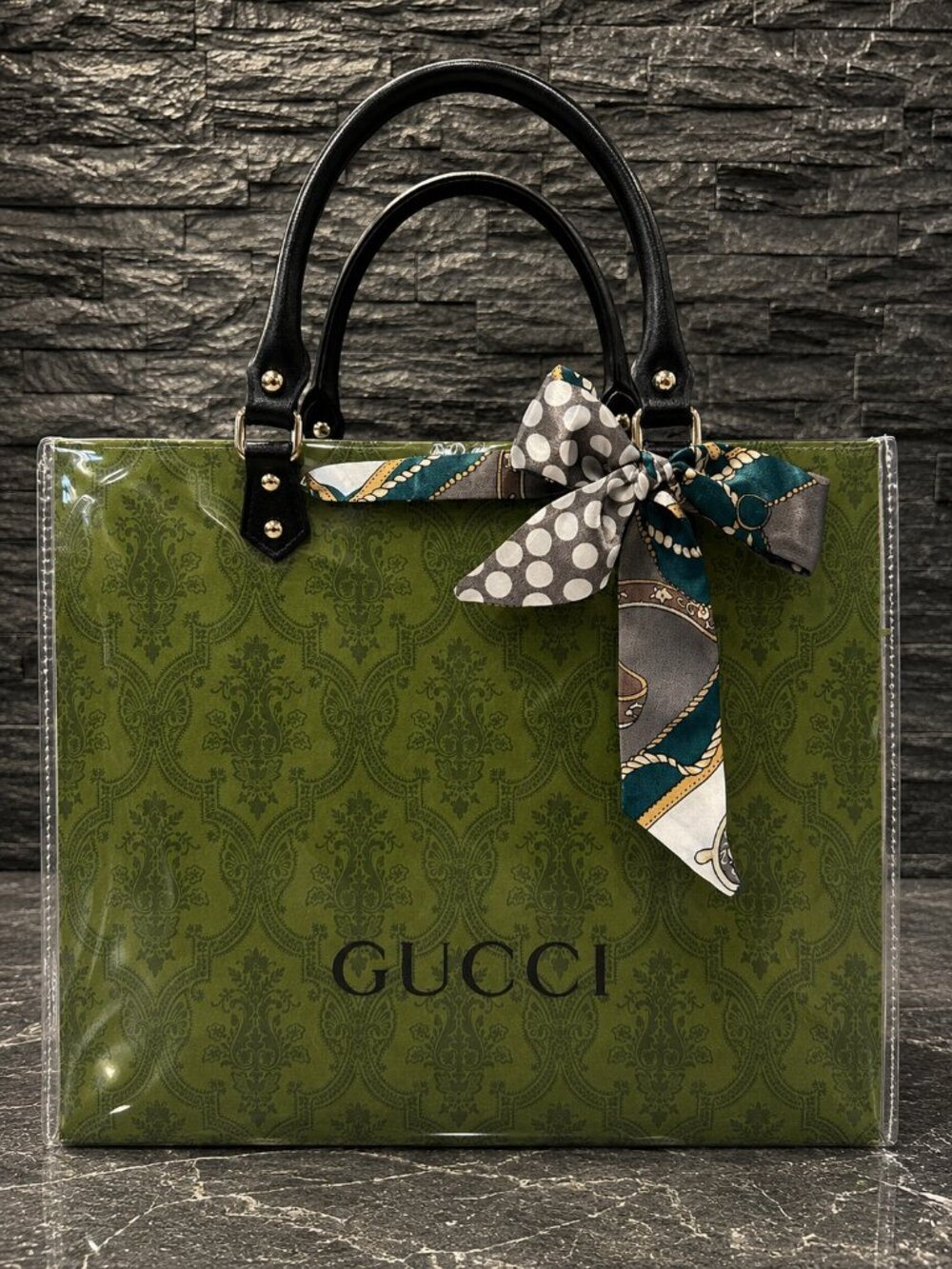 Upcycled Designer Shopping Bag Tote | Black Handles & Twilly